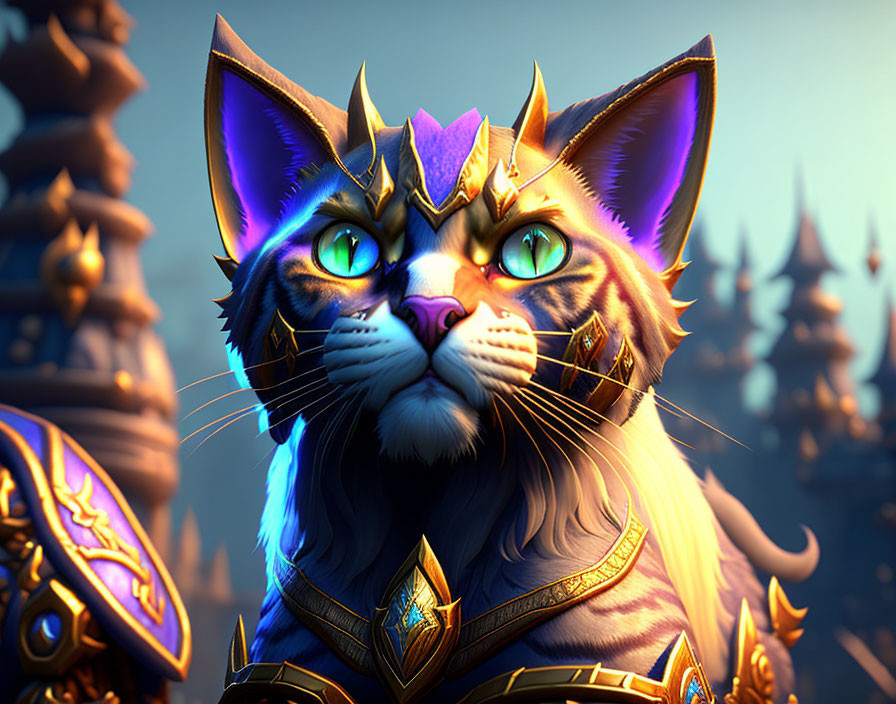 Majestic animated cat in golden armor with intricate details and castle background