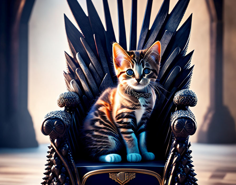 Tabby kitten sitting on ornate throne with regal gaze