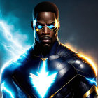 Superhero illustration with blue & yellow lightning costume and glowing eyes