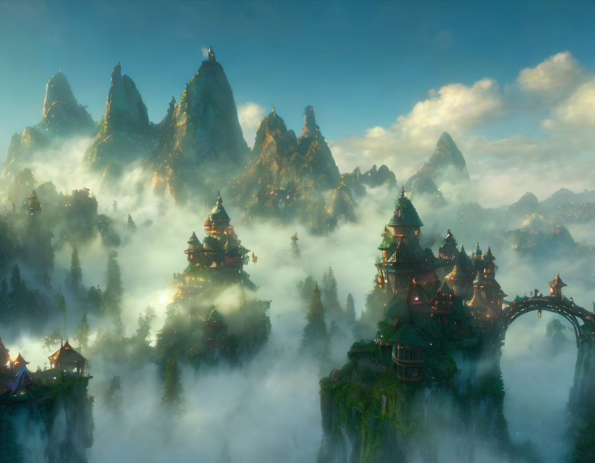 Misty mountains and pagoda-style buildings in fantasy landscape