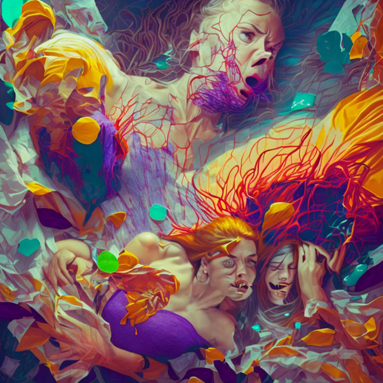 Colorful digital painting of three women with flowing hair and expressive faces