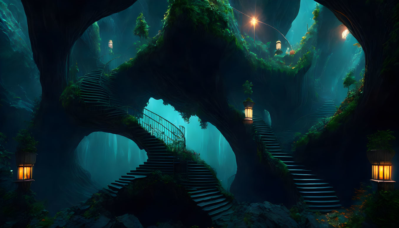 Enchanted forest with staircases, lanterns, and misty ambiance