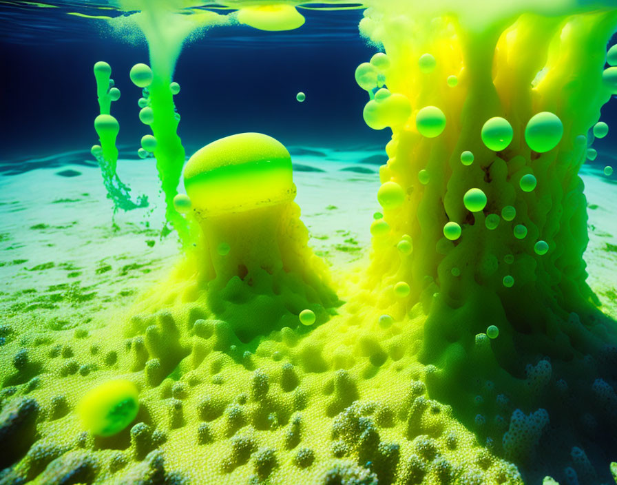 Glowing yellow-green underwater scene with rising bubbles.