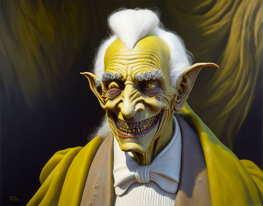 Fantastical character with pointed ears, yellow eyes, sharp teeth, in yellow garment on dark background