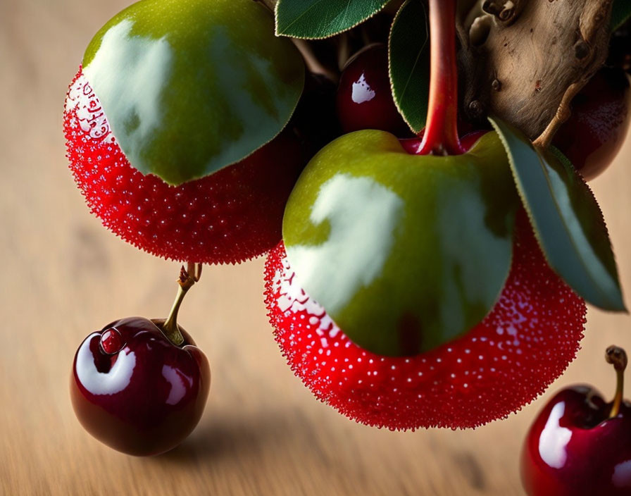 Ripe cherries with water droplets on wooden background