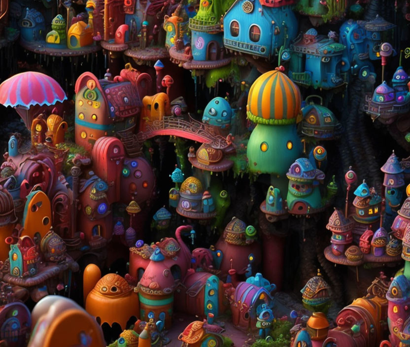 Whimsical town with creature-like buildings and glowing lights