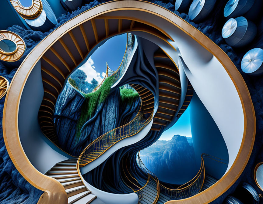 Surreal digital artwork: intricate spiral staircase, cliffs, waterfall, otherworldly landscapes, clear