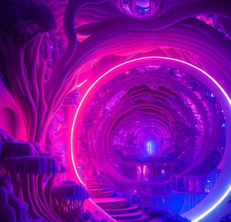 Futuristic neon-lit tunnel with organic tree-like structures