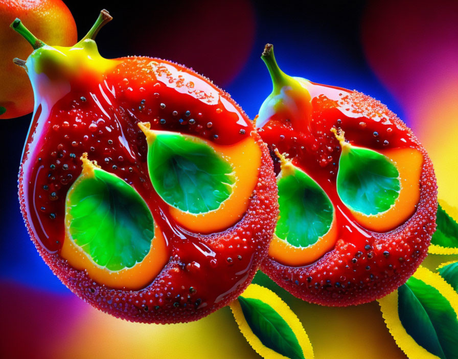 Colorful surreal artwork featuring red fruits with green interiors and dewdrops on a vibrant abstract background.