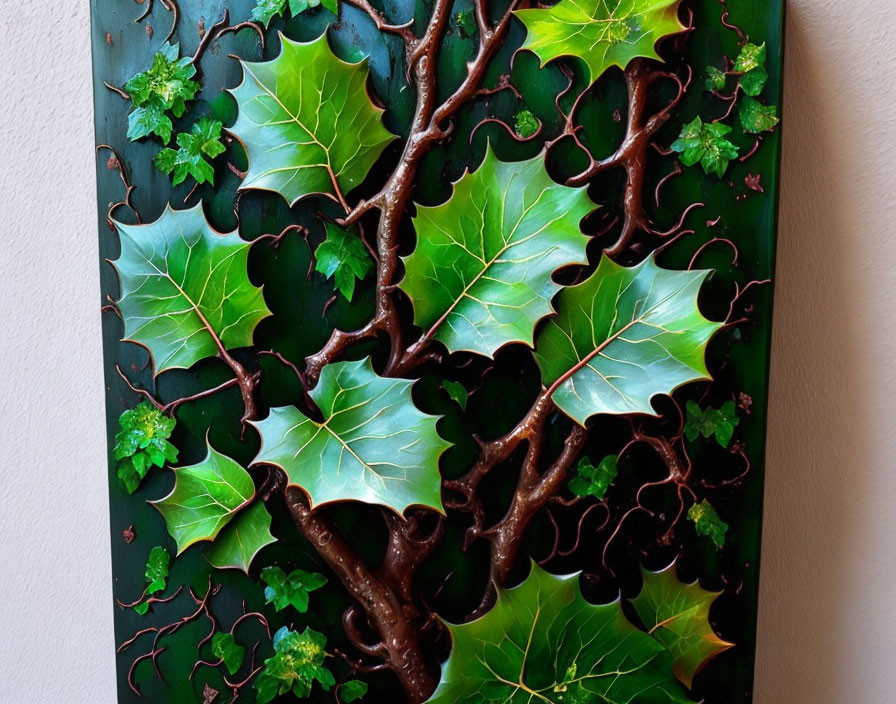 Realistic 3D wall art: Green leaves, brown branches on black background