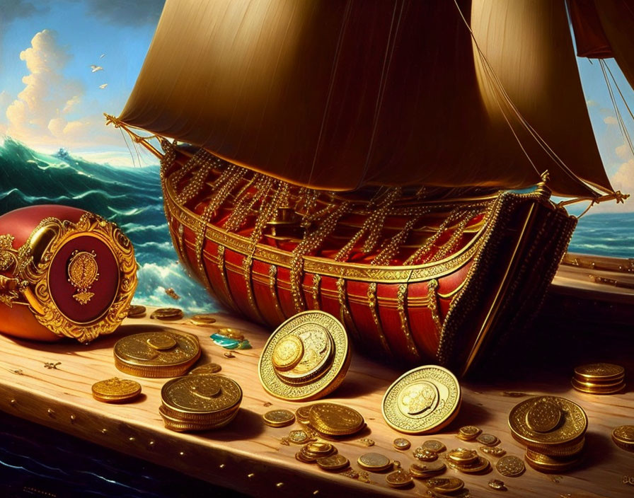 Golden ship with billowing sails, scattered coins, and richly decorated helmet on the ocean.