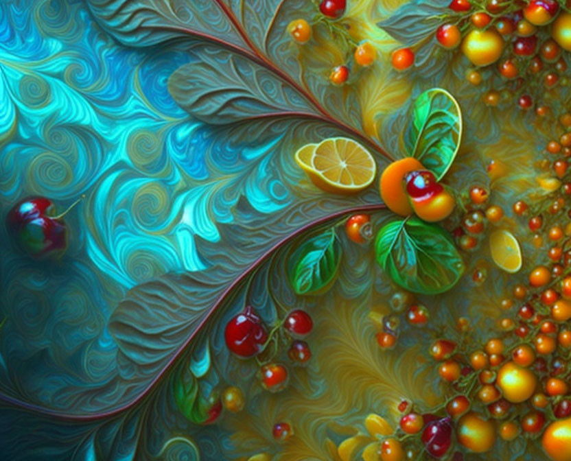 Colorful digital art: Swirling blues and greens with red and orange fruits