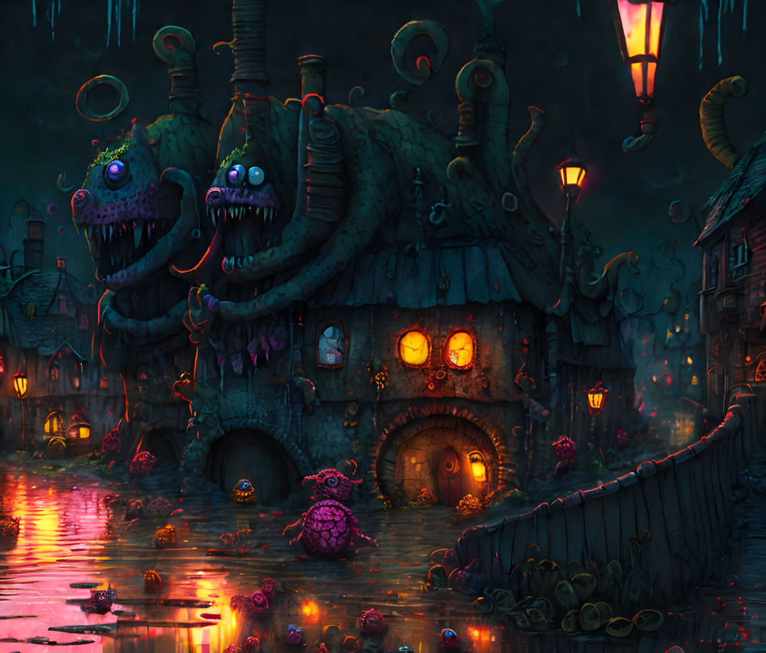 Fantastical night scene with monster-like creatures and eerie lighting.