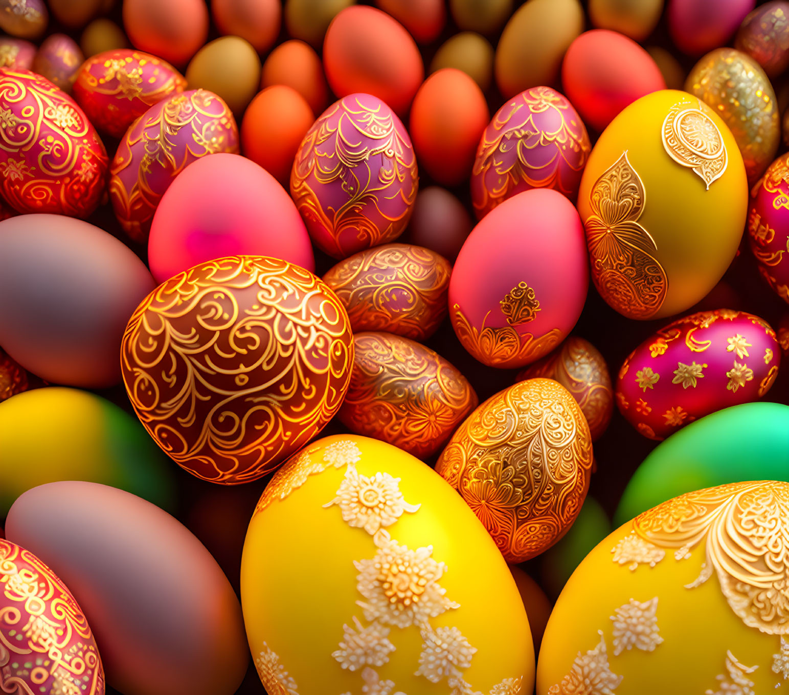 Vibrant Easter eggs with intricate floral and geometric designs