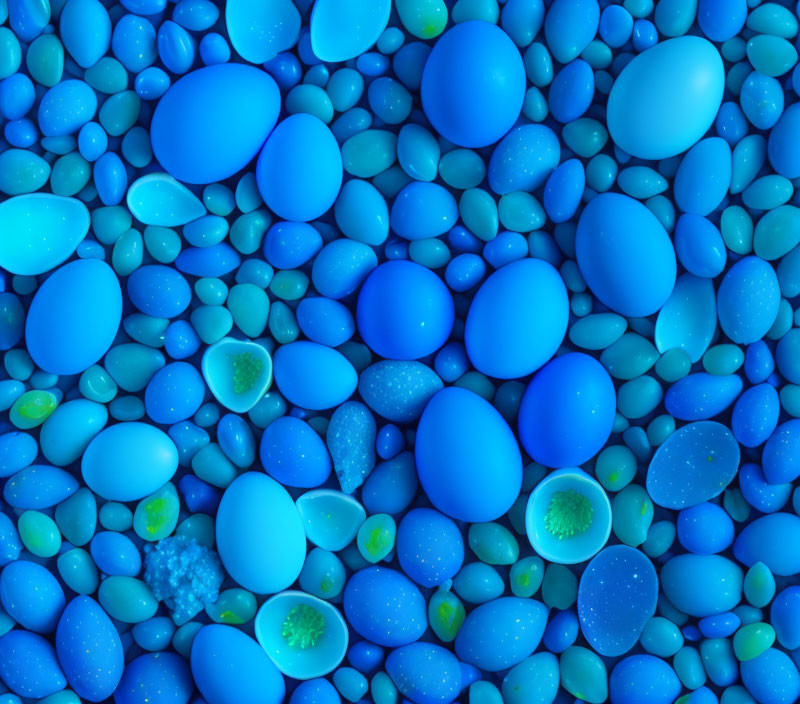 Assorted blue pebbles and stones on blue backdrop