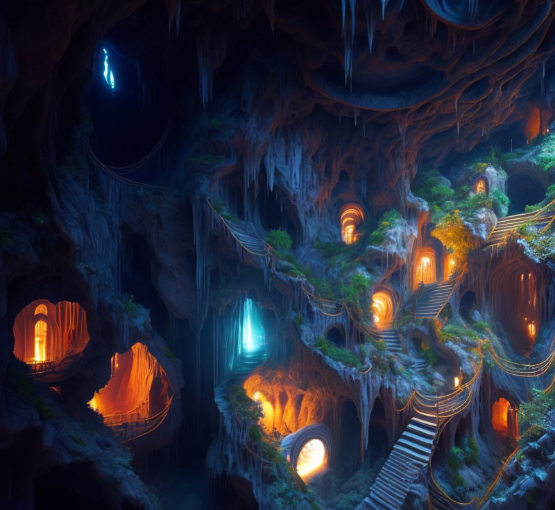 Mystical Cave with Orange and Blue Illumination and Intricate Carved Pathways