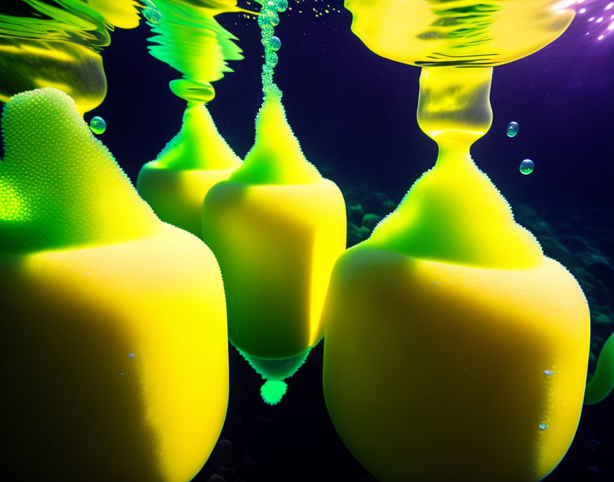 Vibrant yellow abstract shapes on dark background with bubbles