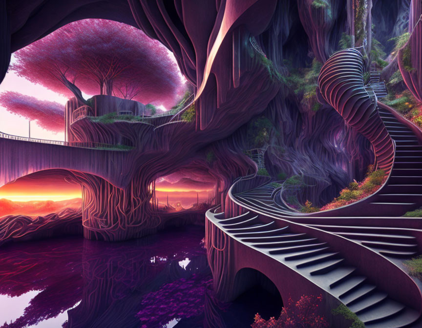 Fantastical purple landscape with massive trees, staircases, bridges, and tranquil waters at sunset