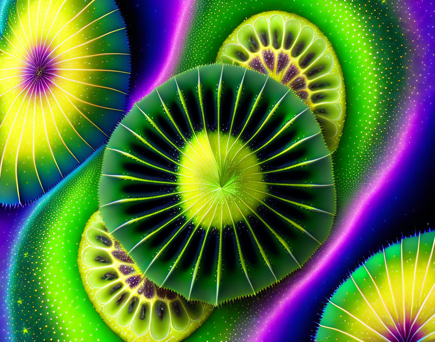 Colorful Fractal Art: Microscopic Life Patterns in Purple, Green, and Yellow