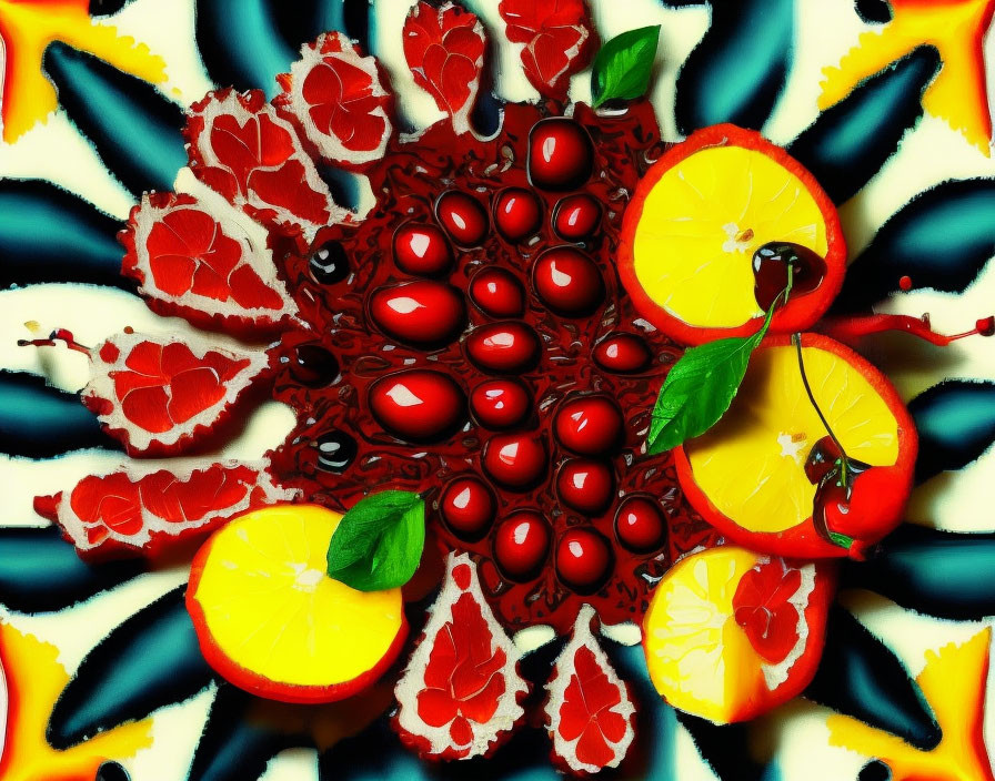 Colorful Citrus and Pomegranate Pattern with Kaleidoscopic Symmetry