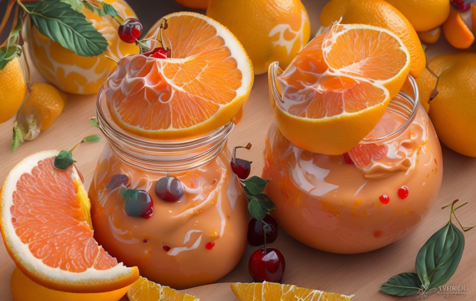 Orange dessert jars with fruit slices and berries on wooden surface