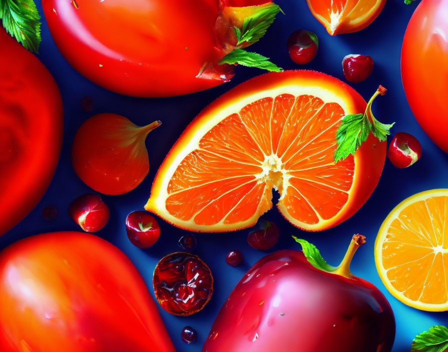 Colorful Fresh Fruit Still Life on Blue Background with Water Droplets