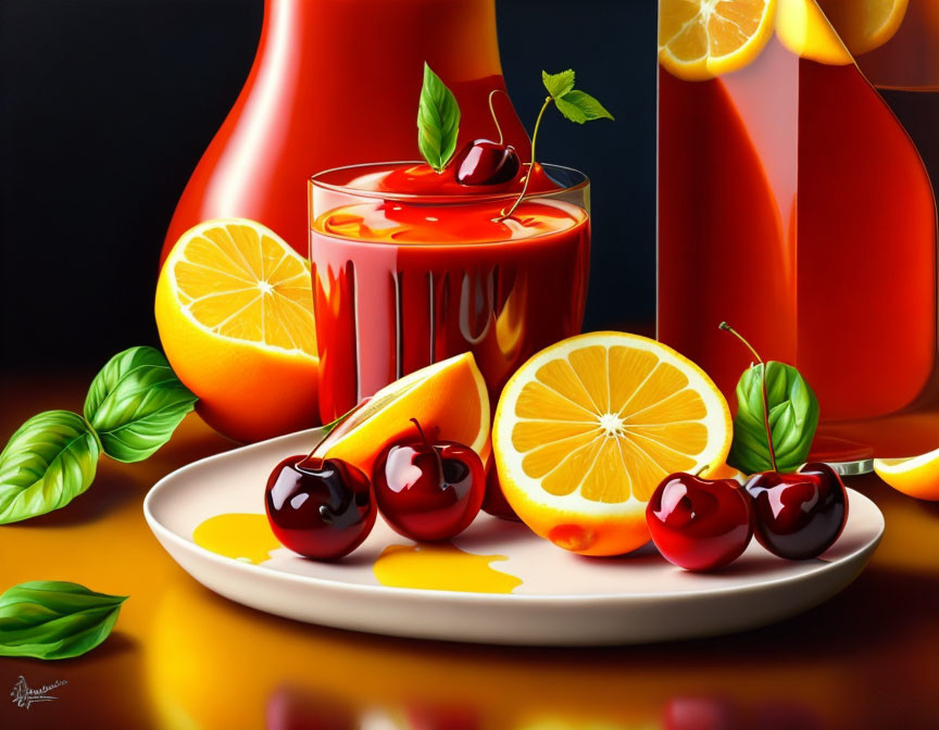 Colorful Still Life with Cherry Juice, Oranges, Cherries, Basil, and Pitcher