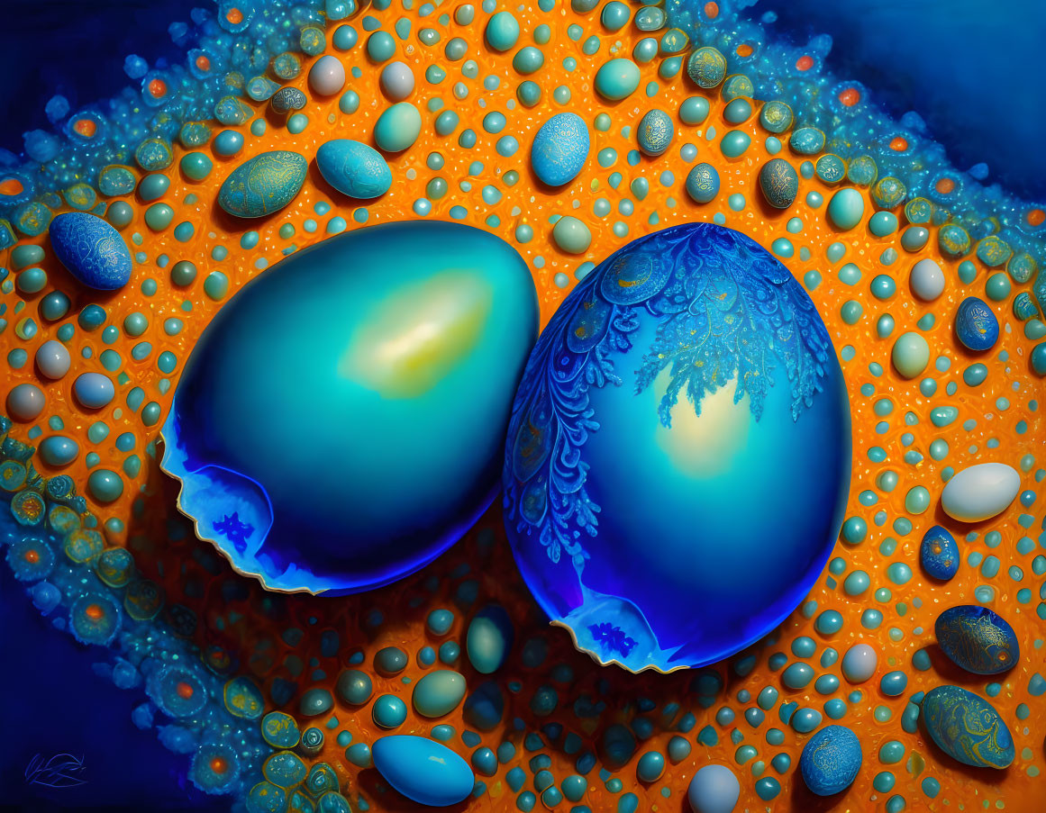 Colorful Blue and Turquoise Patterned Eggs on Orange Background