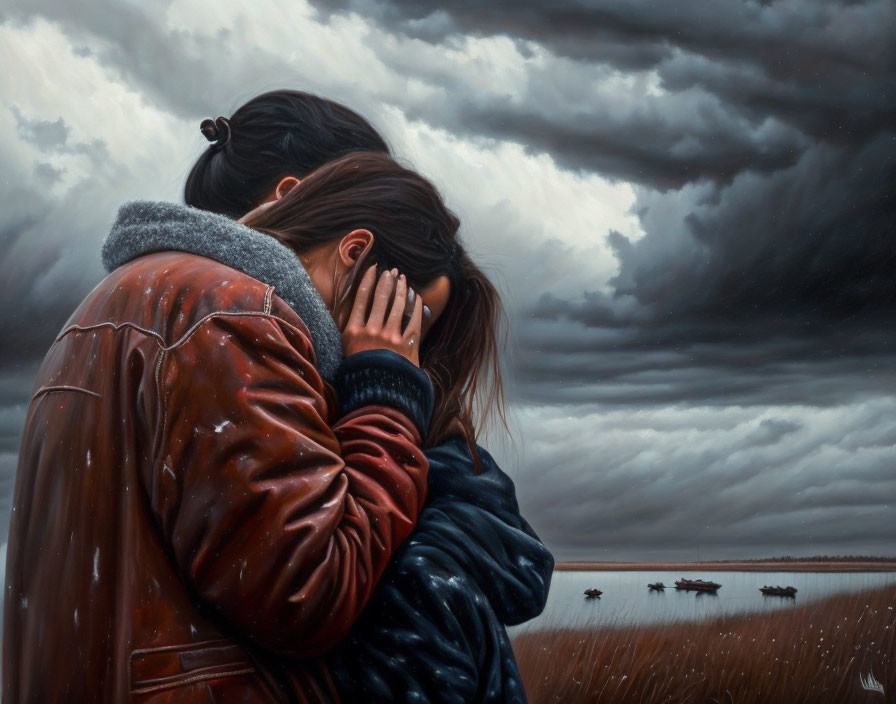 Embracing couple comfort each other under stormy sky.