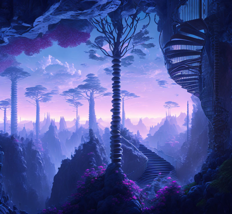 Fantastical landscape with alien trees, spiral staircase, and futuristic structures in purple twilight.