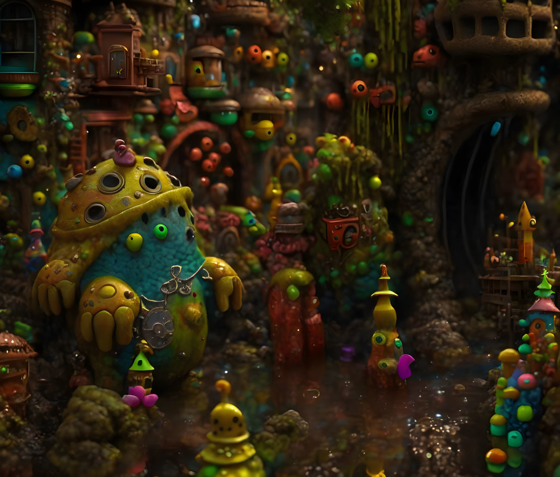 Colorful Fantastical Creature Village with Unique Shapes