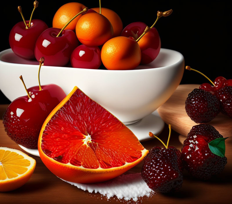 Colorful Still Life with Cherries, Oranges, and Bowl on Wooden Surface