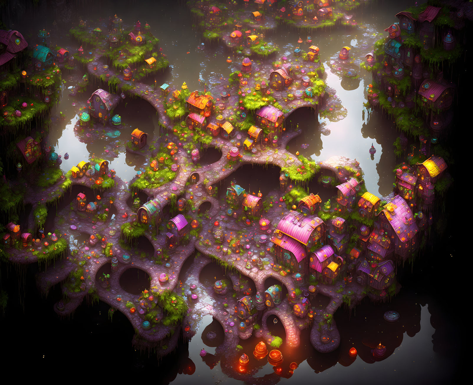 Colorful Glowing Houses on Floating Islands in Whimsical Village