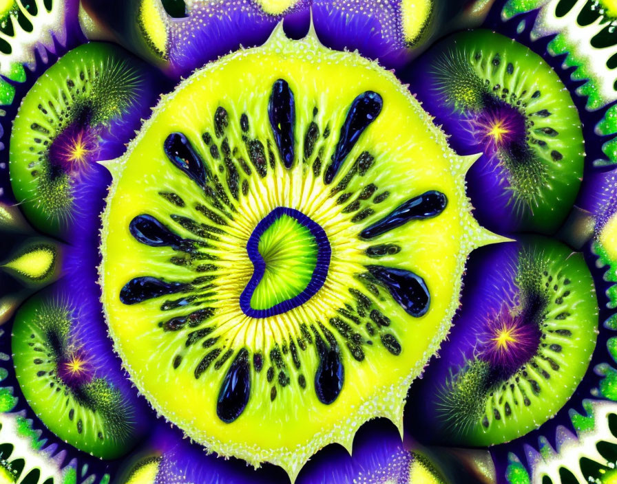 Detailed Kiwi Slice Digital Artwork with Mirrored Fractal Patterns