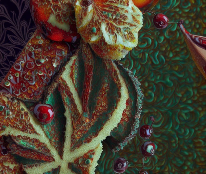 Abstract textured surface with leaf-like patterns in green, red, and brown hues featuring cherry-like elements