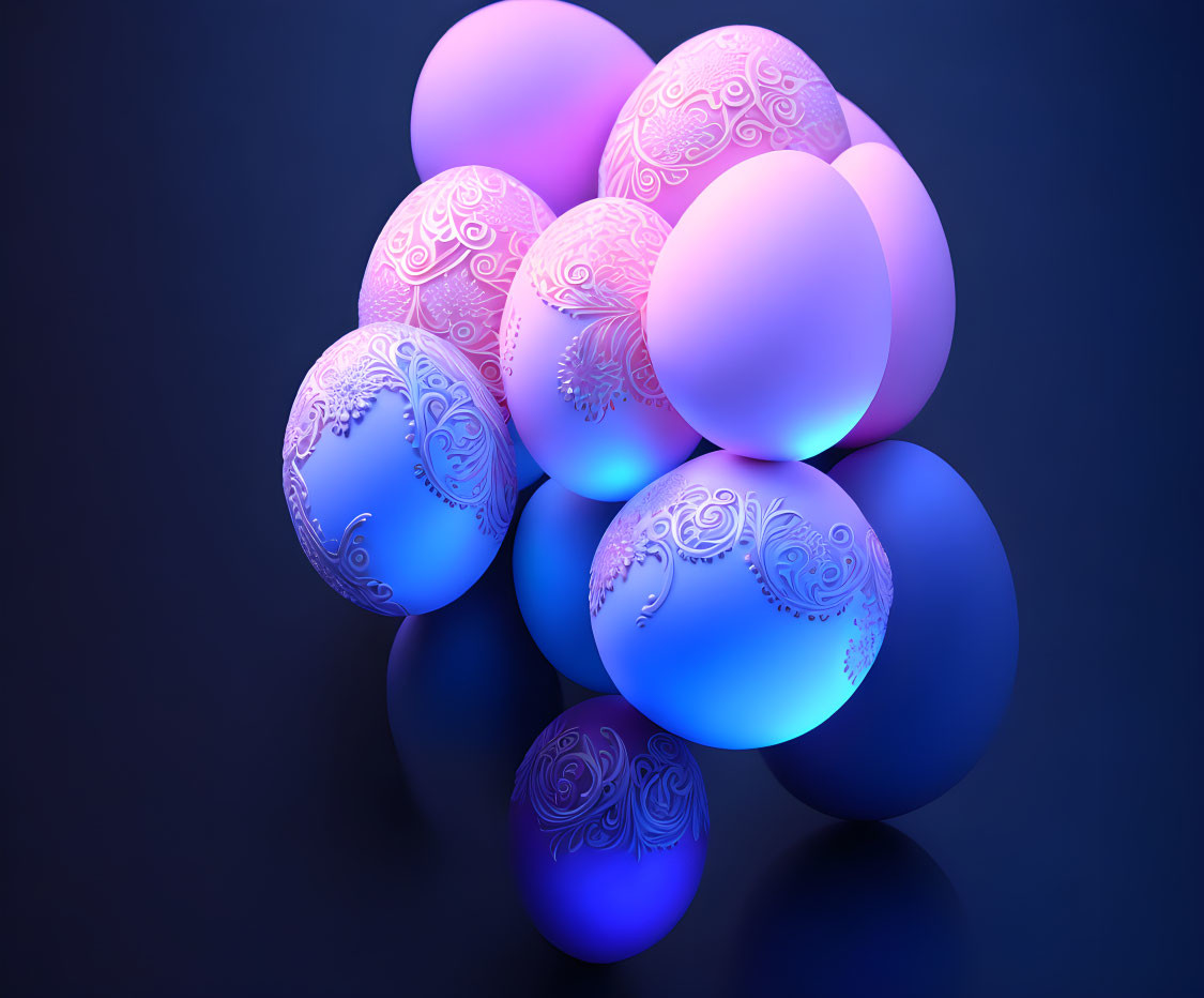 Cluster of Pink and Blue Decorative Eggs with Intricate Patterns