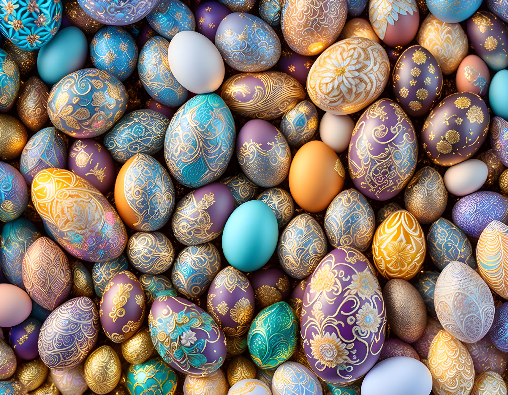 Colorful Easter egg collection with intricate designs and gold details