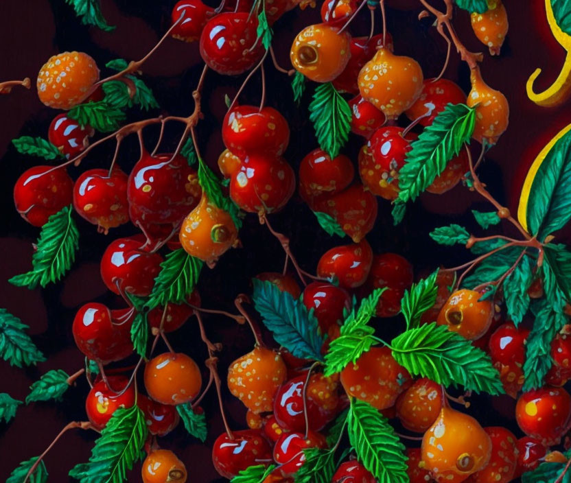 Vibrant red and orange berries with dewdrops on branches against dark background