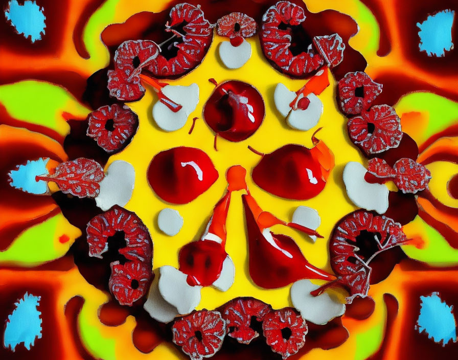 Vibrant Psychedelic Cherry Pattern in Red, Yellow, and Blue