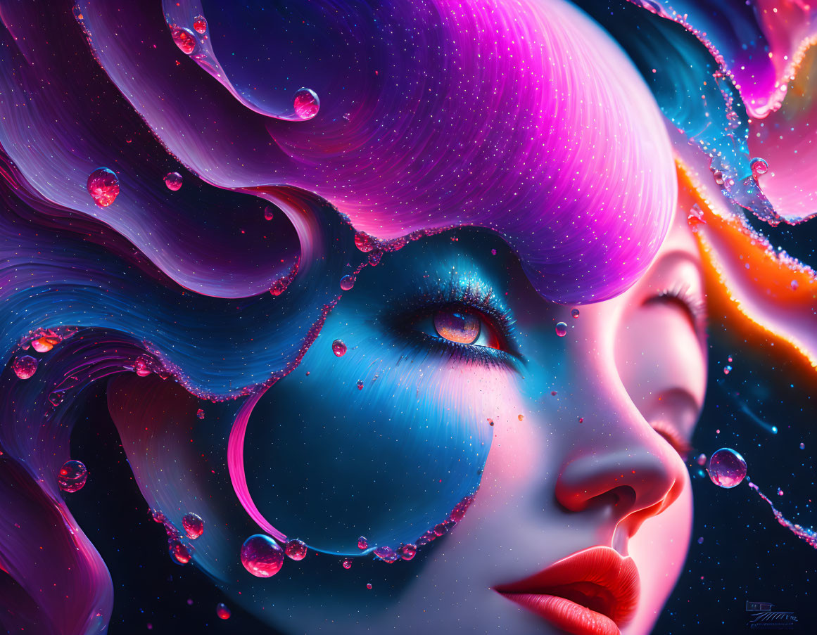 Colorful digital portrait of a woman with cosmic hair in blue and pink hues