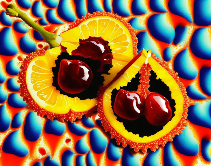 Fresh sliced oranges and cherries on vibrant patterned background