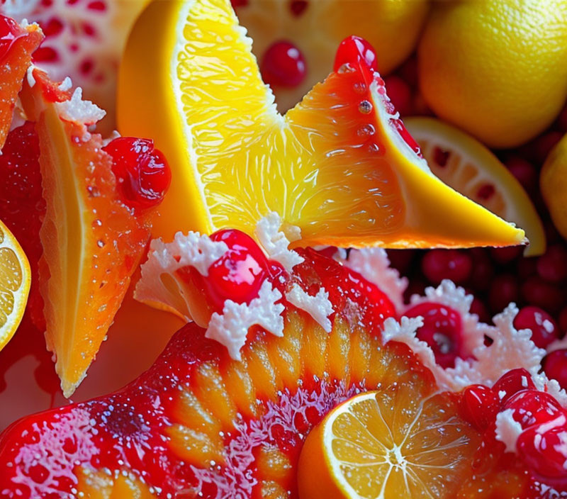 Assorted Citrus Fruits and Berries with Water Droplets in Close-up