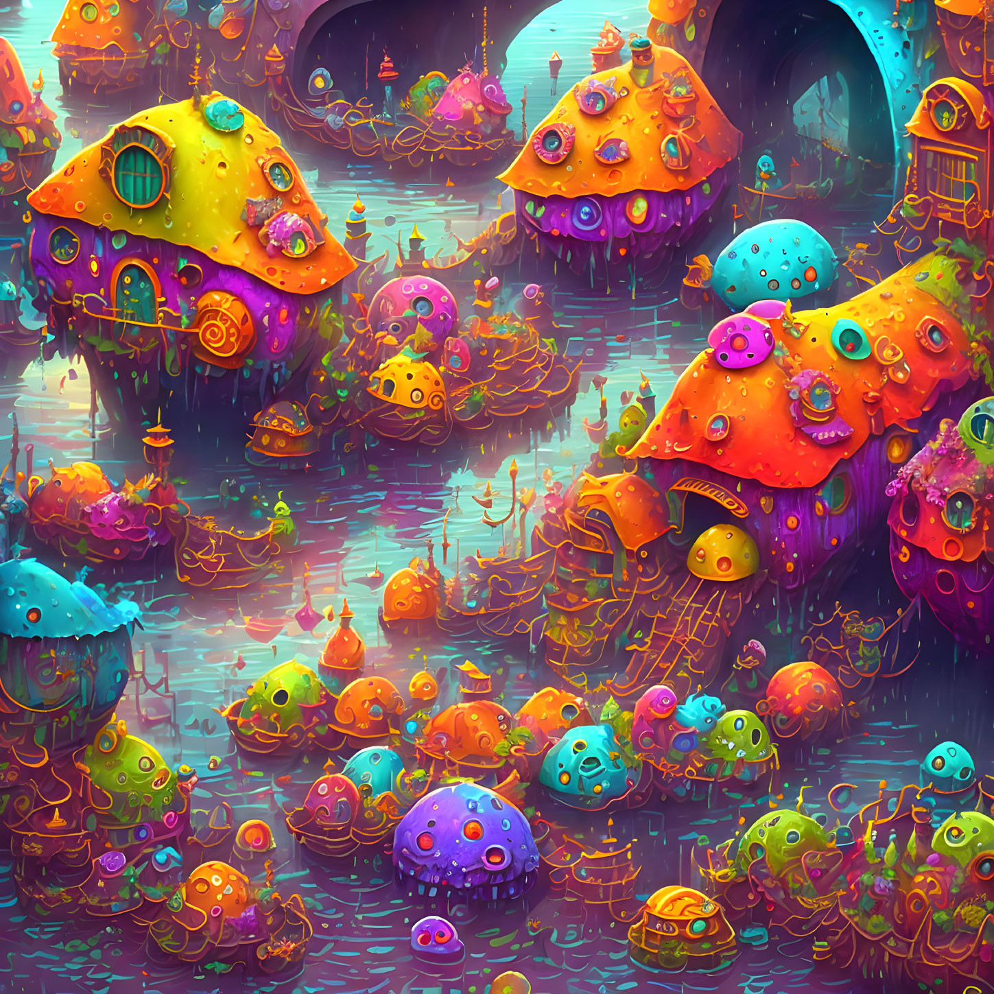 Colorful Artwork: Whimsical Fantasy Village with Mushroom Houses and Jellyfish Plants