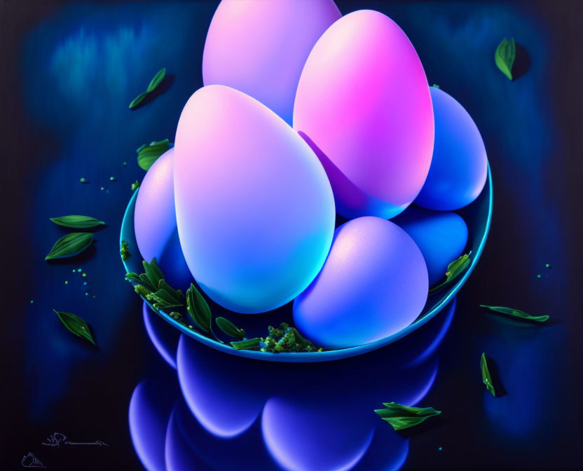 Vibrant glowing eggs in bowl with green leaves on dark blue surface