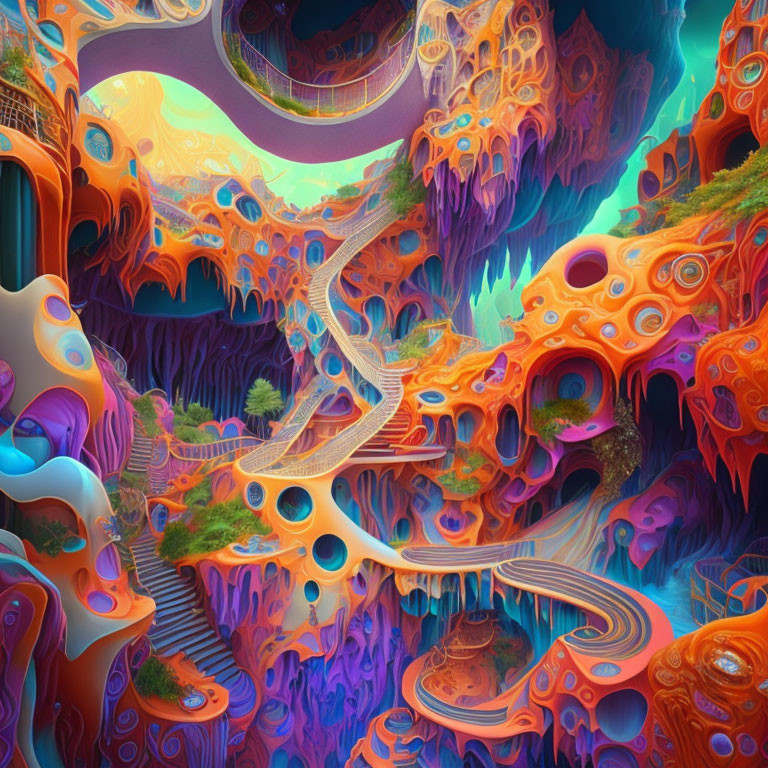 Colorful psychedelic landscape with swirling patterns and floating walkways