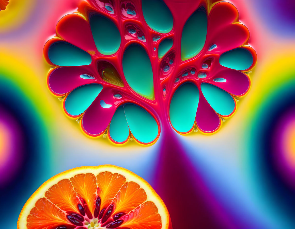 Colorful digital artwork: Psychedelic flower pattern & juicy orange slice