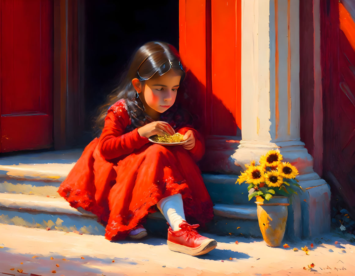 Young girl in red dress eating on sunlit steps next to blooming sunflowers