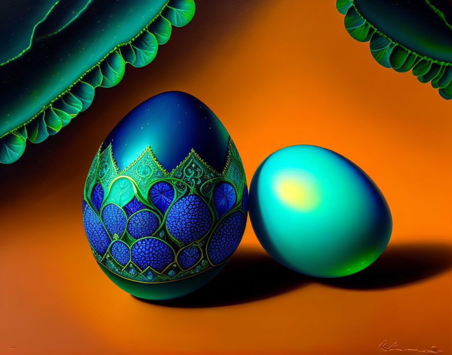 Decorated Easter eggs on abstract orange and green background