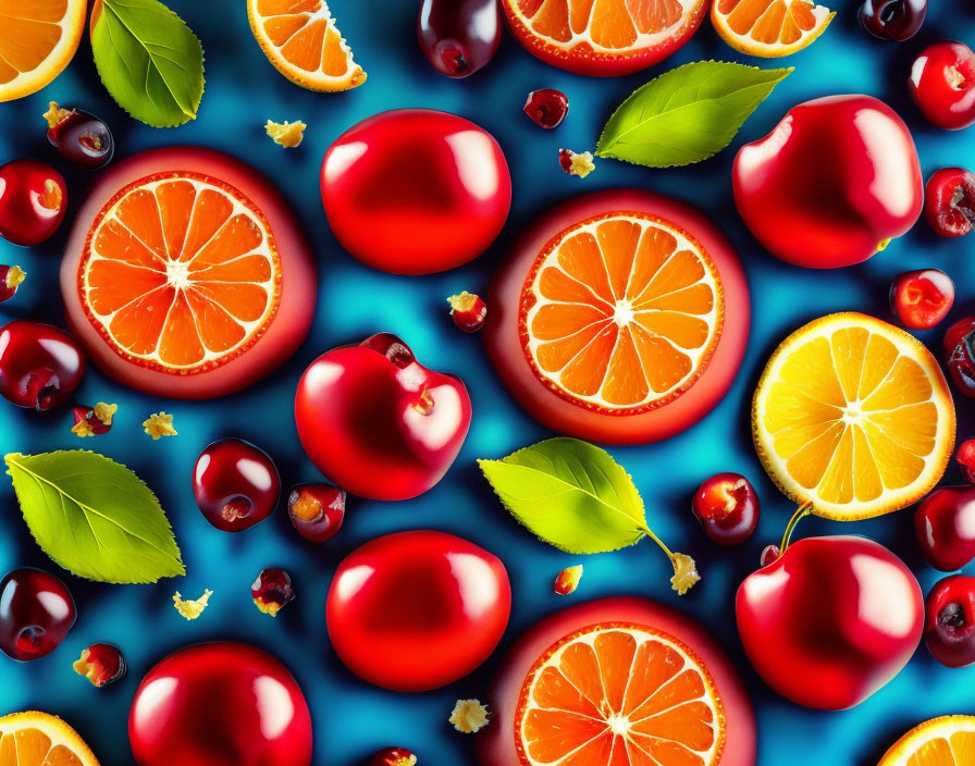 Colorful Fruit Pattern on Bright Blue Background