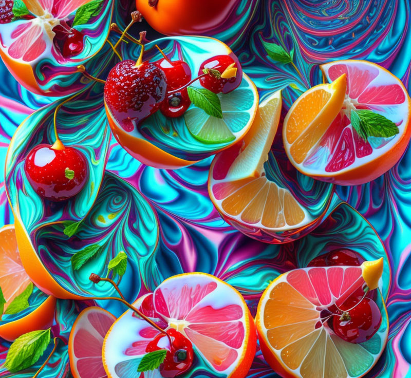 Colorful digital art: Citrus fruits and cherries on swirling psychedelic background.